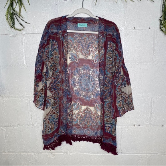 Filly Flair Multicolored Paisley Print Bell Sleeve Open Front Kimono Size S/M - Picture 1 of 7